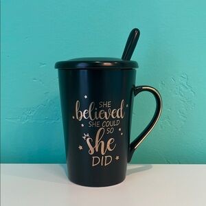 NWOT Inspirational Black Mug with Gold Spoon and Lid